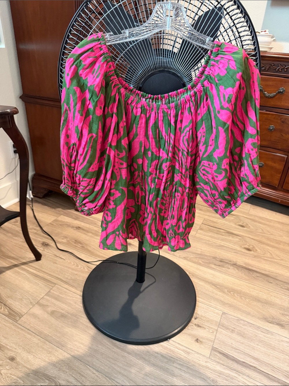 Velvet by Graham & Spencer Hot Pink and Green Off-Shoulder Printed Blouse